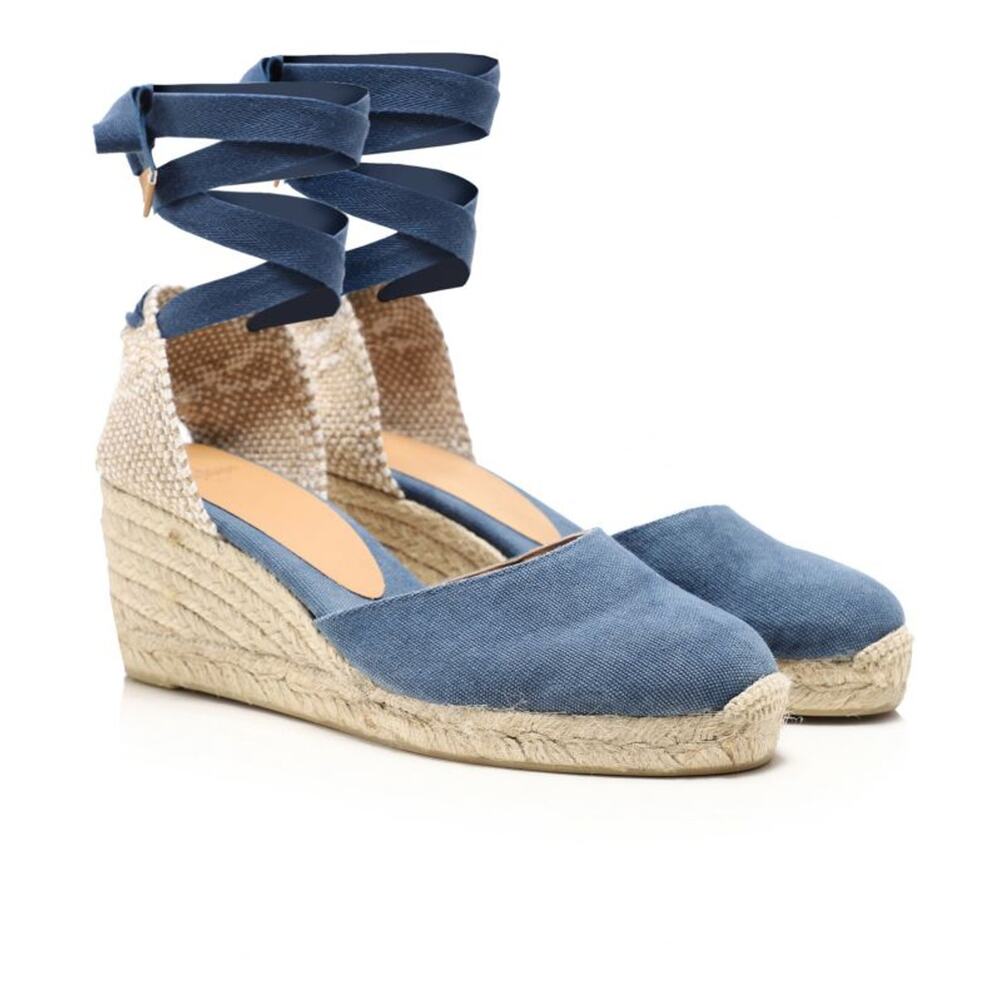 Castaner Carina Denim Espadrille Wrap Strap Wedges Sandals Blue Women's Size 10
